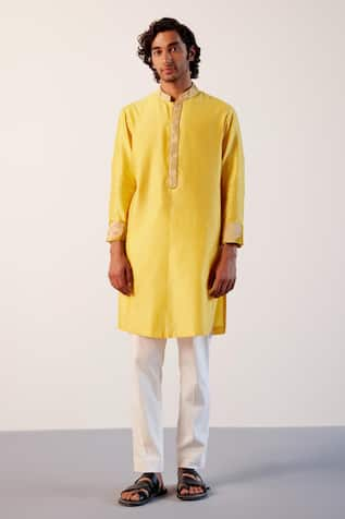 Devnaagri Silk Chanderi Embroidered Placket Kurta & Pant Set 