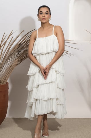 Ozel Ceecee Pleated Tiered Midi Dress 