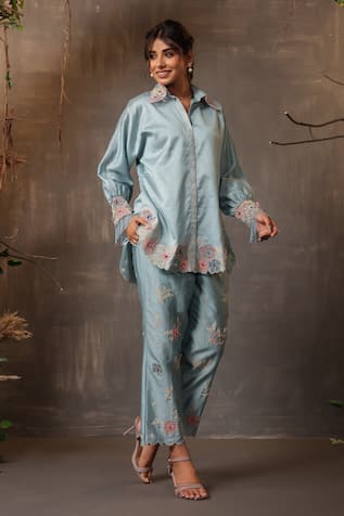 Label Niti Bothra Chanderi Silk Embroidered Shirt & Pant Set 