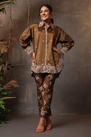 Label Niti Bothra Floral Applique Work Shirt & Narrow Pant Set 