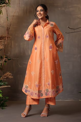 Label Niti Bothra Chanderi Silk Embroidered Shirt Kurta & Pant Set 