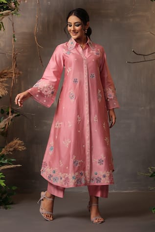 Label Niti Bothra Chanderi Silk Embroidered Long Shirt Kurta & Pant Set 