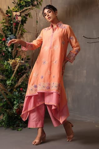 Label Niti Bothra Chanderi Silk Layered Embroidered Kurta & Pant Set 