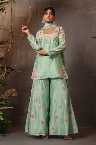 Label Niti Bothra Chanderi Silk Floral Embroidered Kurta Sharara Set 