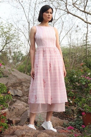 Weaver Story Handloom Pure Chanderi Strip Print Dress