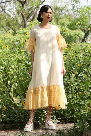 Weaver Story A-Line Floral Handblock Print Dress