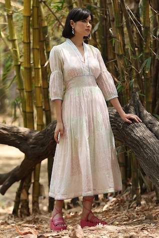 Weaver Story Abstract Hand Print Chanderi Dress