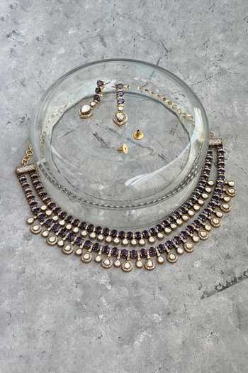 Prestones Amethyst Stone Embellished Layered Necklace Set 