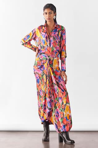 Studio Rigu Petunia Print Shirt With Draped Skirt 