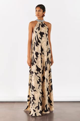 Studio Rigu Vegan Silk Hazel Print Halter Neck Maxi Dress 