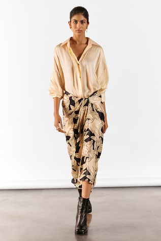 Studio Rigu Vegan Silk Hazel Print Draped Maxi Shirt Dress 