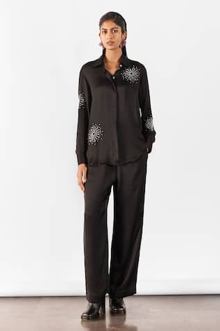 Studio Rigu Brunia Vegan Silk Snowflake Embroidered Shirt & Pant Set 