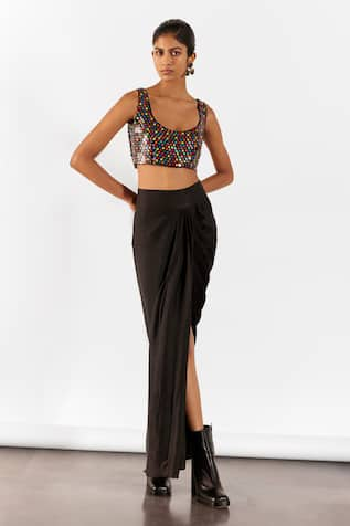 Studio Rigu Firefly Organza Embroidered Top With Vegan Silk Draped Skirt 