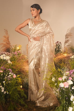 Midushi Bajoria Striped Tissue Saree With Blouse 