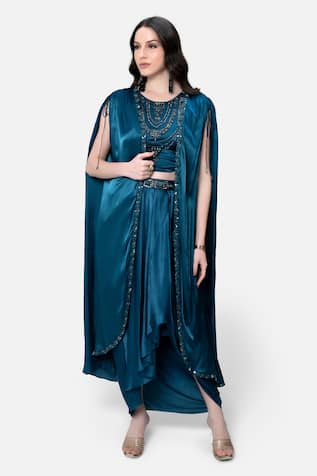 Kelaayah Sequin Embroidered Border Cape Dhoti Pant Set 