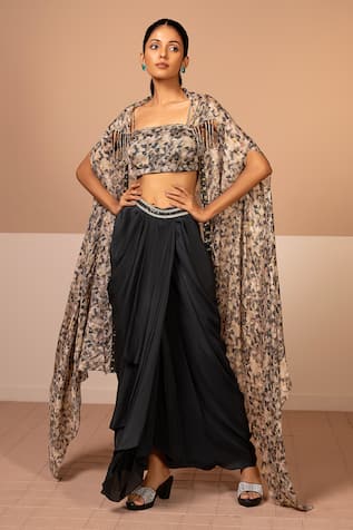 Kelaayah Marble Print Embellished Cape Draped Skirt Set 