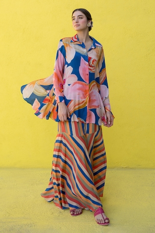 Nimbu Mirchi Lily Bloom Print Shirt With Striped Sharara