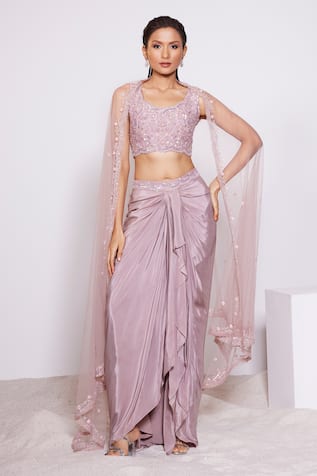 PANIHARI Floral Embroidered Blouse & Draped Skirt Set 