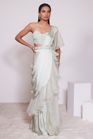 PANIHARI Pre-Draped Ruffle Skirt Saree With Plunge Neck Blouse 