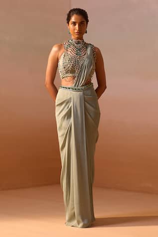 Jewelled Halter Neck Blouse With Pre-Draped Saree 