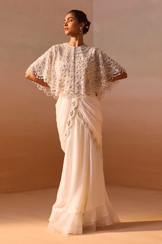 Scallop Nalki Zircon Embroidered Cape Pre-Draped Saree Set 
