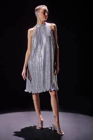 POOJA SHROFF Pleated Shimmer Dress 