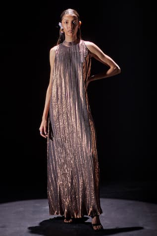 POOJA SHROFF Metallic Pleated Maxi Dress 