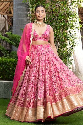 STUDIO TWELVE 11 Beetroot Floral Embroidered Bridal Lehenga Set 