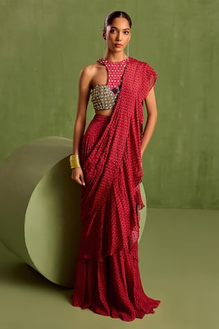 Neha Khullar Printed Pre-Draped Ruffle Saree With Cut-Out Blouse 