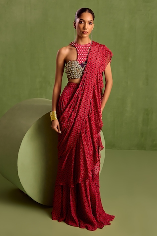 Neha Khullar Printed Pre-Draped Ruffle Saree With Cut-Out Blouse