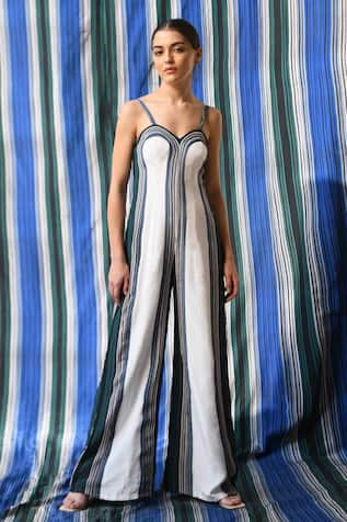 East14 Emilia Cupro Crepe Stripe Print Jumpsuit 