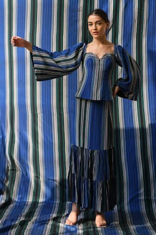 East14 Serabeth Cupro Crepe Stripe Print Flare Long Skirt 