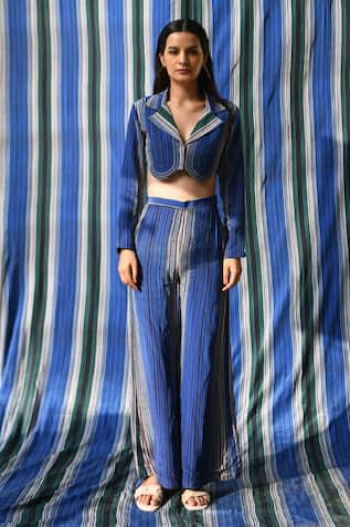 East14 Via Cupro Crepe Stripe Print Flare Pant 