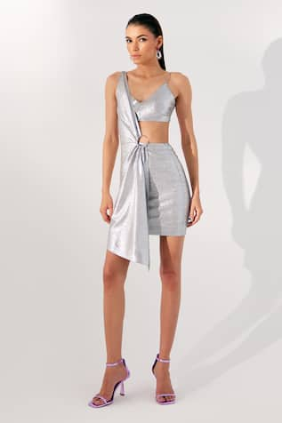 Tisharth by Shivani Metallic Asymmetric Midi Dress 