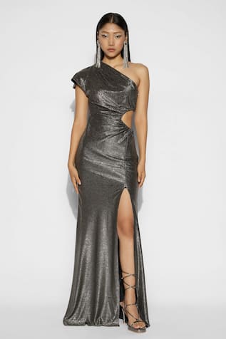 Tisharth by Shivani One Shoulder Moon Cut Draped Gown 