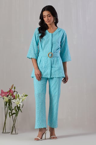 Grass & Sunshine Cotton Embroidered Top & Pant Set 