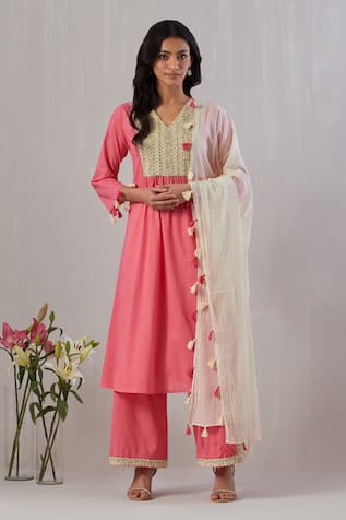 Grass & Sunshine Yoke Embroidered Kurta Pant Set 