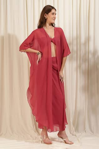 RIRASA Solid Asymmetric Cape Draped Skirt Set 