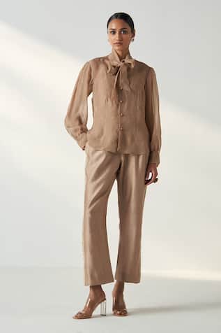 Studio Bagechaa Padma Bow Tie Up Collar Organza Shirt Pant Set 