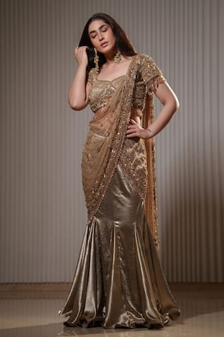 Mehul Gupta Cosmic Sequin Embroidered Pre-Draped Saree With Blouse 