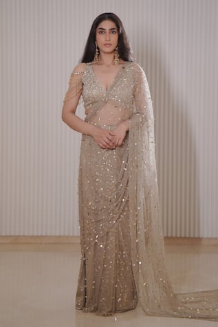 Mehul Gupta Sequin Confetti Embellished Pre-Draped Saree With Blouse 