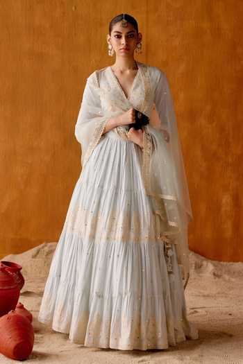 Preevin Gullista Thread & Mirror Work Tiered Lehenga Set 