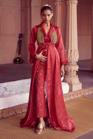 RIRASA Plain Long Cape Embroidered Pant Set 