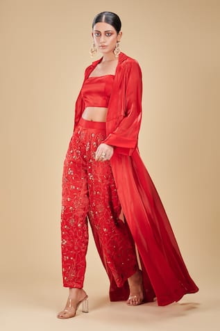 RIRASA Plain Long Cape Embroidered Pant Set 