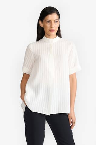 Perona Elsa Stripe Pattern Asymmetric Shirt 