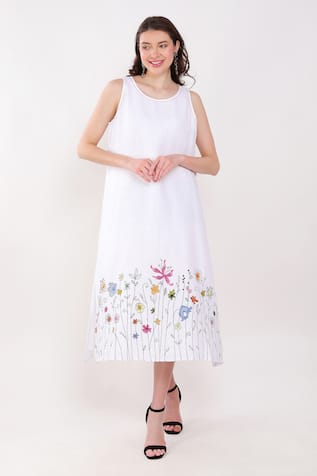 Linen Bloom Linen Floral Border Embroidered Dress 