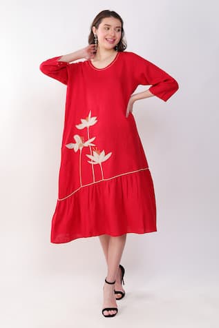 Linen Bloom Linen Floral Placement Embroidered Dress 