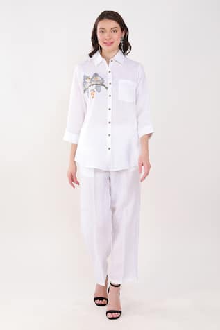 Linen Bloom Linen Bird Placement Embroidered Shirt 