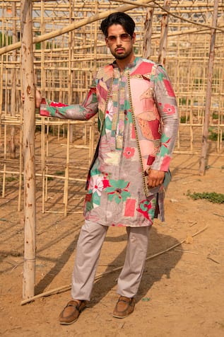 Abstract Floral Print Bundi & Kurta Set For Kids