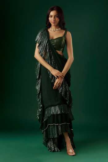 Breathe By Aakanksha Singh Antimony Textured Pre-Draped Ruffle Saree With Blouse 